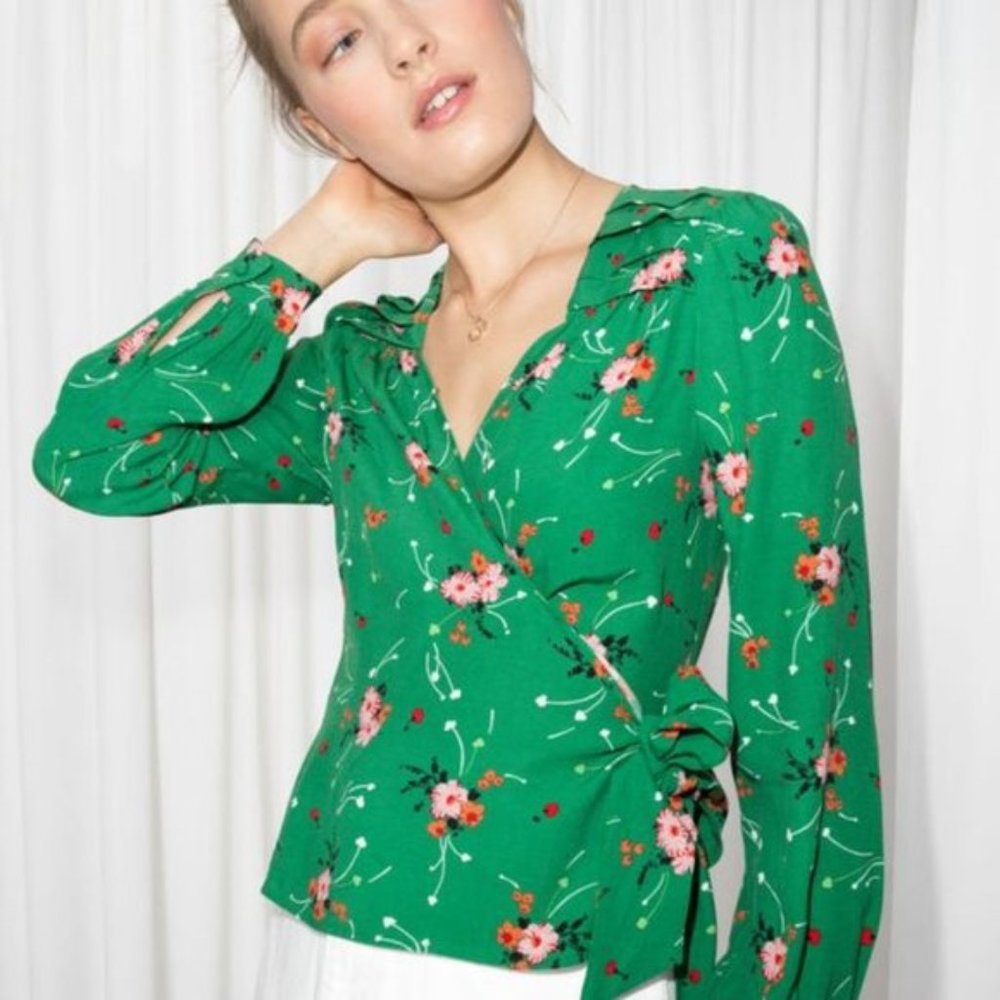 & Other Stories Green Floral Wrap Top